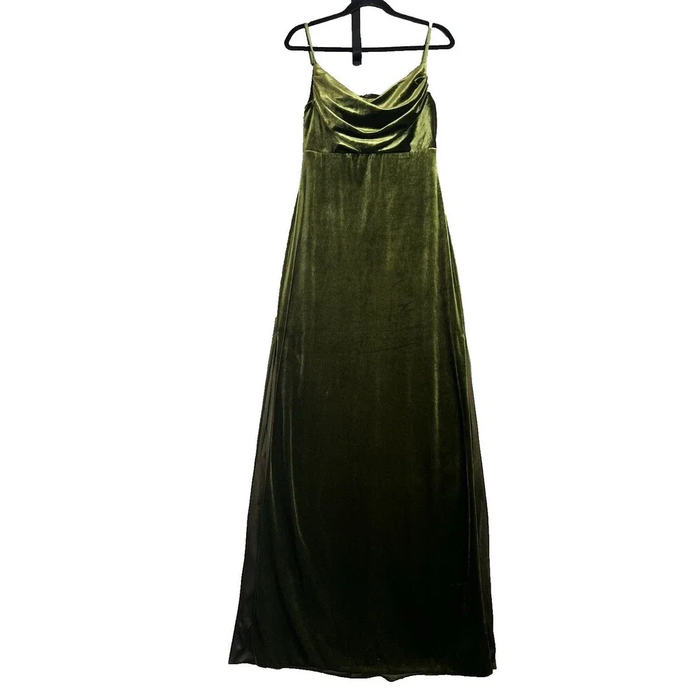Revelry‎ Dress Sky Velvet Olive Green  Sleeveless Formal Double slits  Womens 8